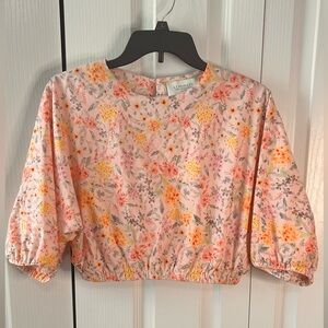 Luminary Women’s Pink Floral Puff Bell Sleeve Keyhole Crop Top‎ Size XS Lined